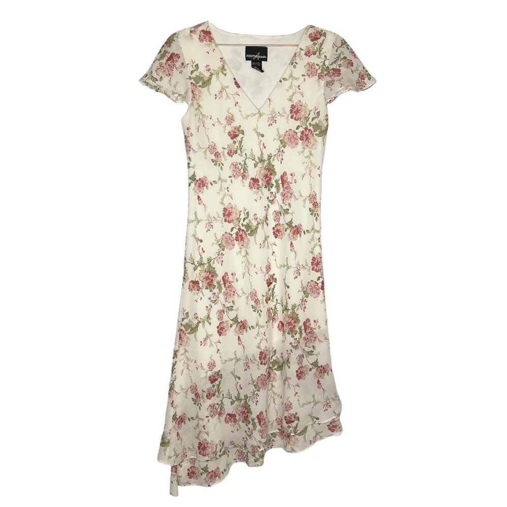 Vintage White Floral Midi Dress V Neck Slant Hem Romantic Cottagecore Sz 8